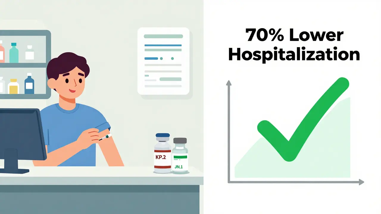 Person getting a yearly COVID vaccine at a pharmacy, with vaccine labels and a graph showing reduced hospitalizations.