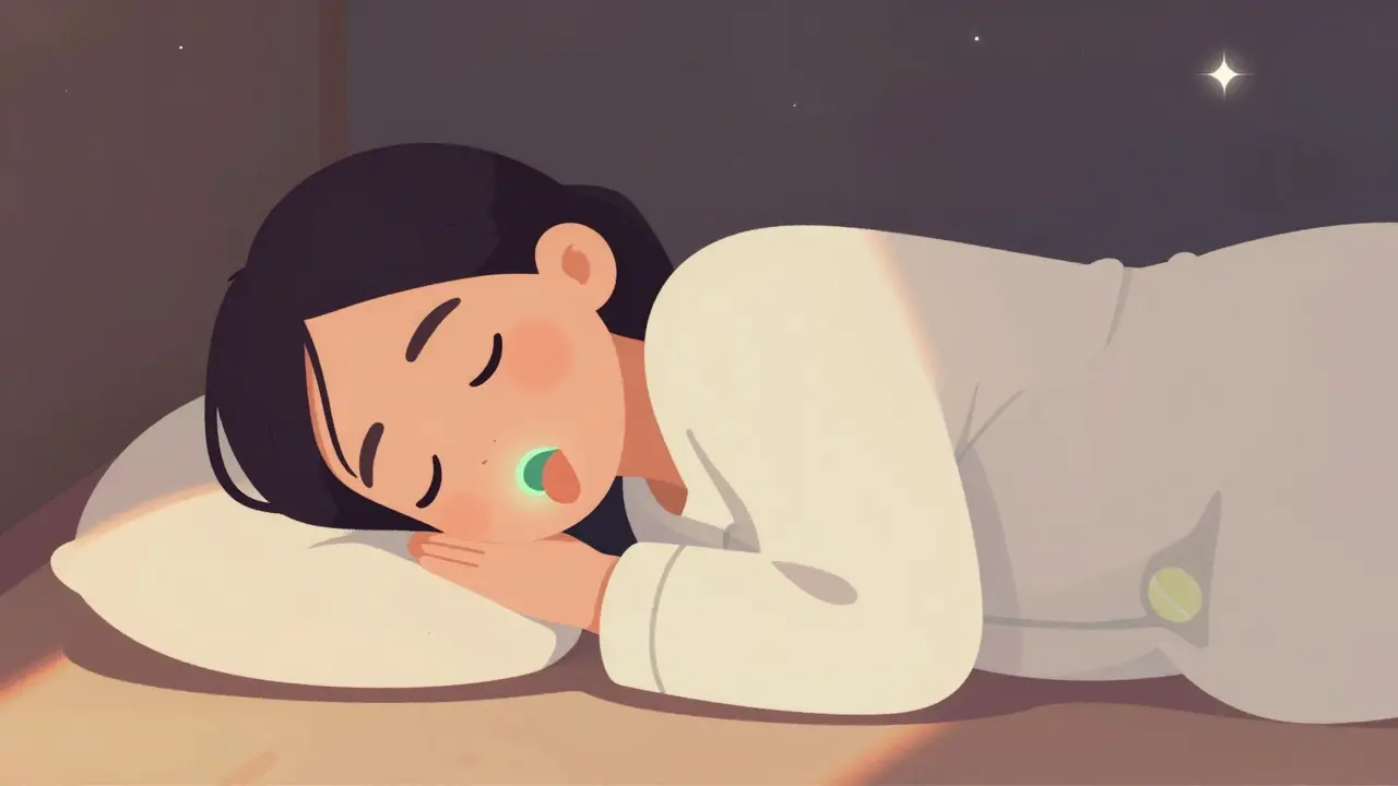 Person sleeping on side with clear airway and pillow behind back, flat design illustration