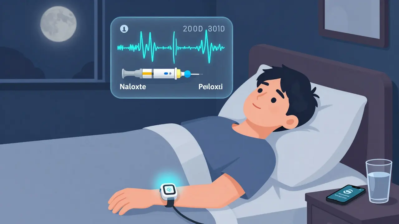 Person sleeping with a wearable monitor showing breathing rates and naloxone ready to activate.