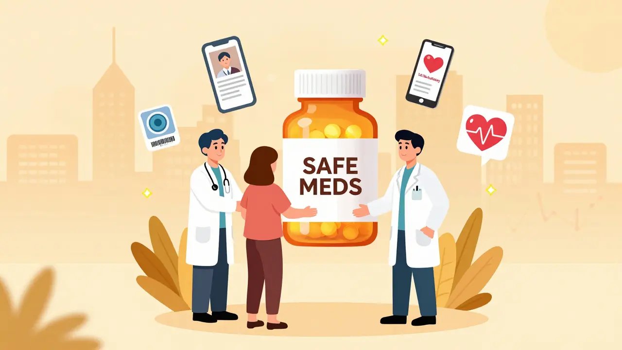 Pharmacist, patient, and doctor united around a safe medication bottle with safety icons