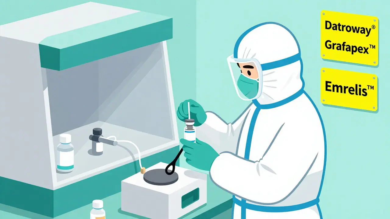 Pharmacy tech handling hazardous cancer drug with protective equipment