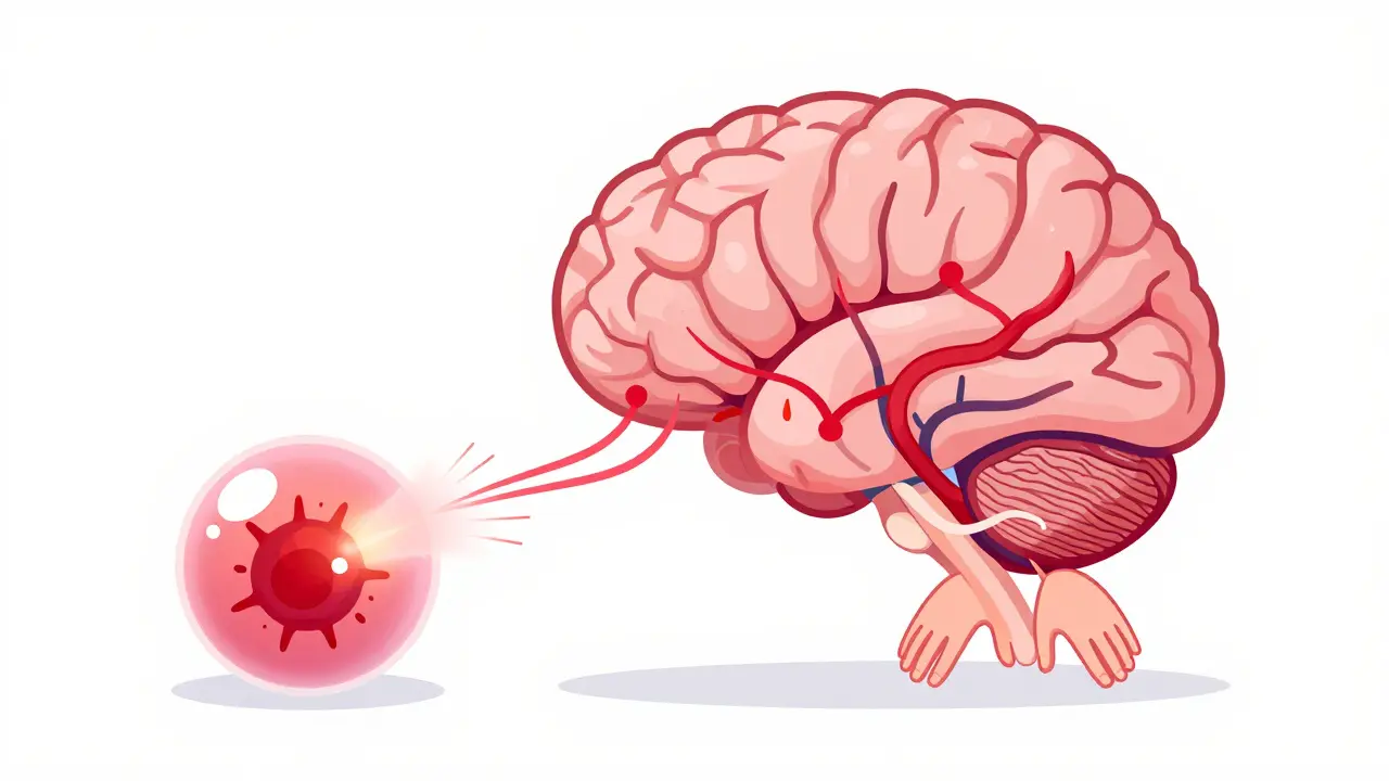 Pituitary gland with tumor releasing excess growth hormone through the body.