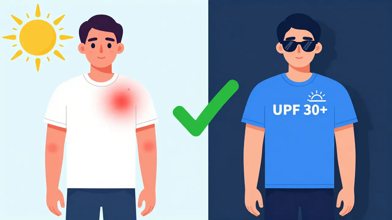Side-by-side: one person sunburned in regular clothes, another safely protected in sun-protective gear.