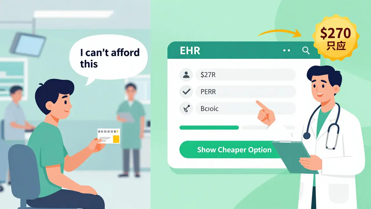 Split scene: patient unable to afford prescription vs. doctor using cost tool to find cheaper alternative with savings shown.