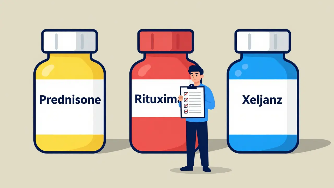 Three medication bottles casting shadows of infections, cancer, and blood clots beside a patient with a health checklist.