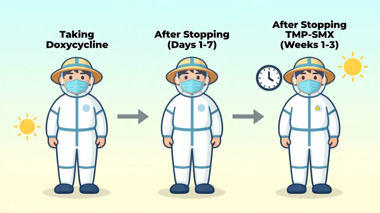 Timeline showing three phases of sun protection needed after taking antibiotics, all figures in protective attire.