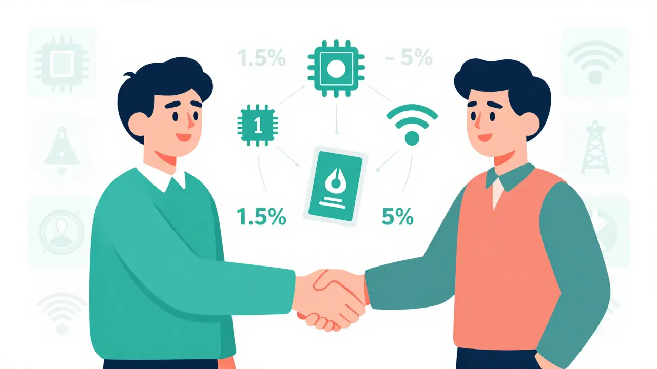 Two companies exchanging patent icons in a circular handshake, with royalty percentages and blockchain symbols.