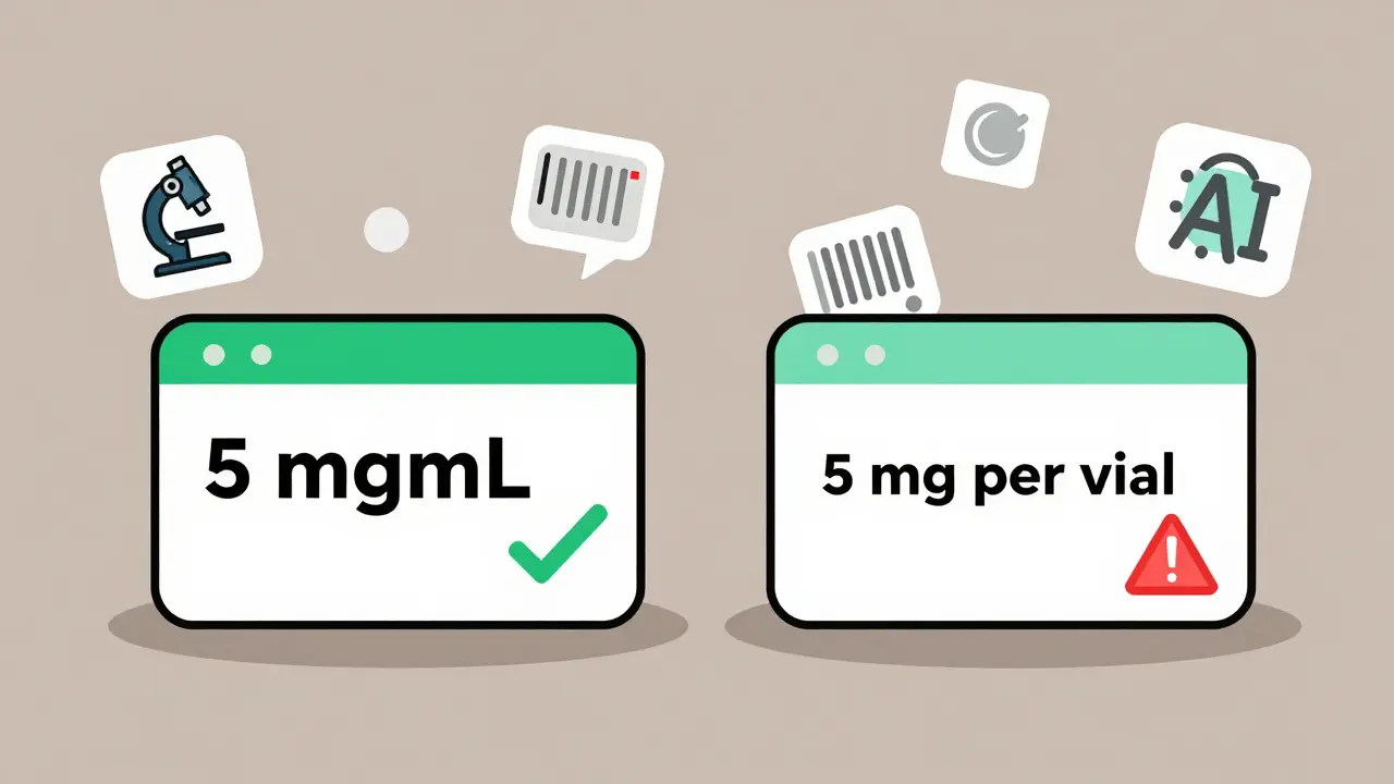 Two medication labels side by side: one clearly labeled with mg/mL, the other vague and unsafe.