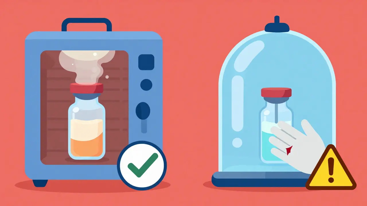 Two methods of sterilizing injectables: steam autoclave vs. aseptic filling with glove tear