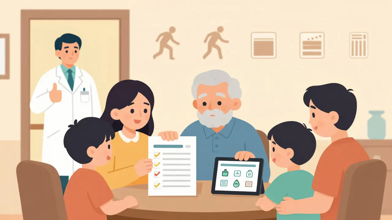 A family and pharmacist discussing medication needs during a home visit, focusing on safety and simplicity.