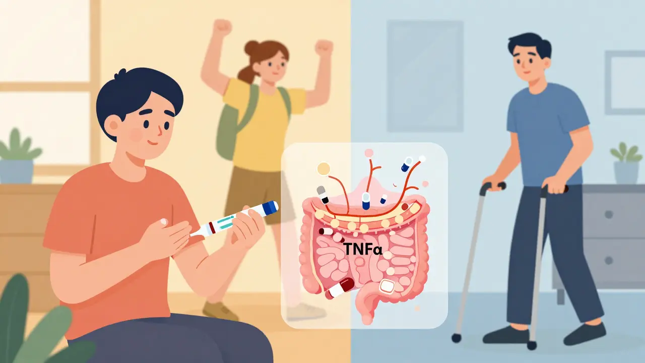 A person self-injecting a TNF inhibitor at home, with a visual overlay showing the drug reducing inflammation in joints and gut, contrasting active and limited mobility.