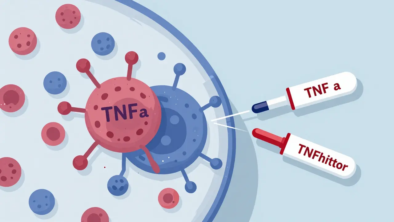 An immune cell with TNF receptors being attacked by anti-drug antibodies as a TNF inhibitor is tagged for removal, illustrating loss of drug effectiveness.