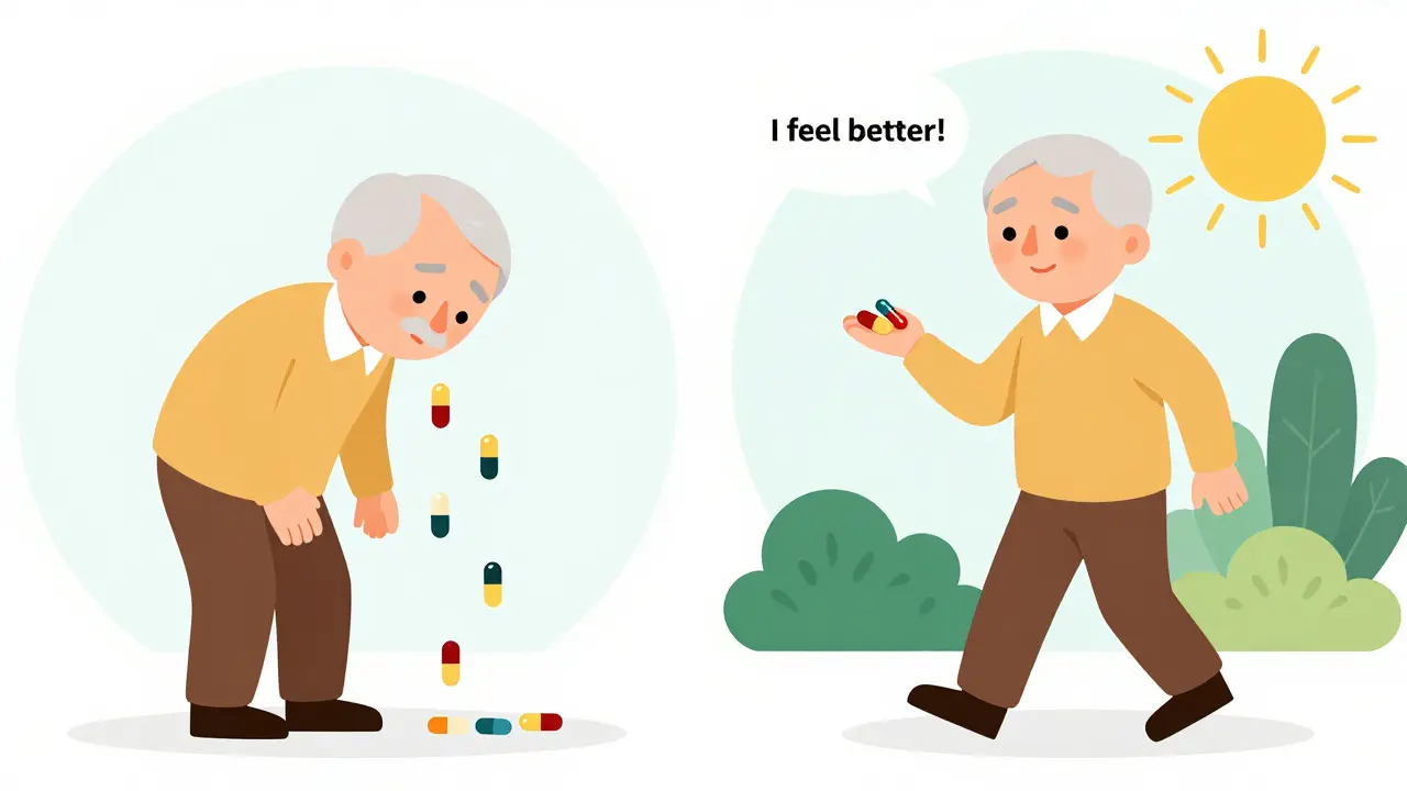An older adult transitioning from overwhelmed by many pills to feeling better with fewer essential ones.
