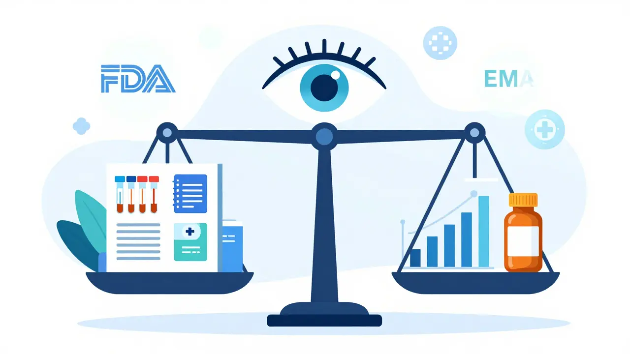 Balanced scale comparing registry and claims data with AI monitoring, symbolizing complementary roles in drug safety.