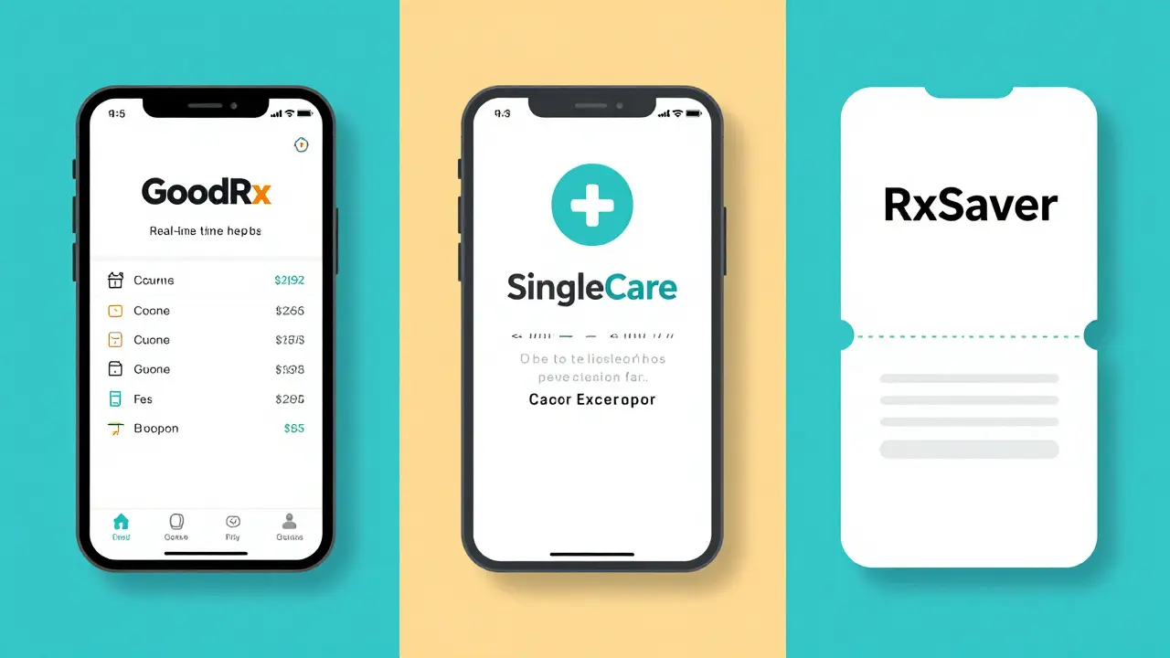 Comparison of GoodRx, SingleCare, and RxSaver services with icons.