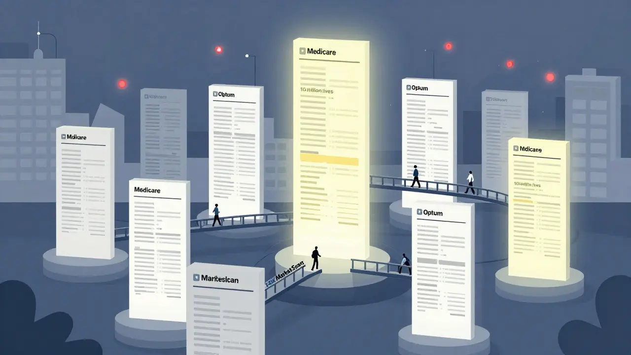 Flat design cityscape made of insurance claims data towers, showing scale of population monitoring for drug safety.