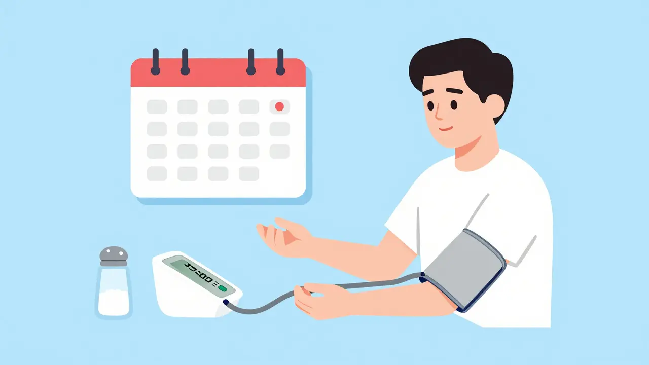 Home blood pressure monitoring with monitor, calendar, and salt shaker.