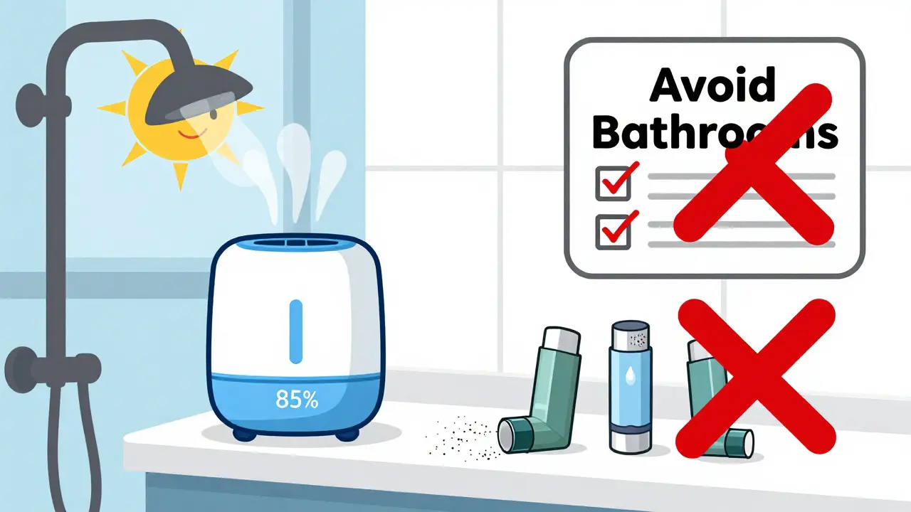 Inhalers damaged by bathroom humidity and steam, with warning signs