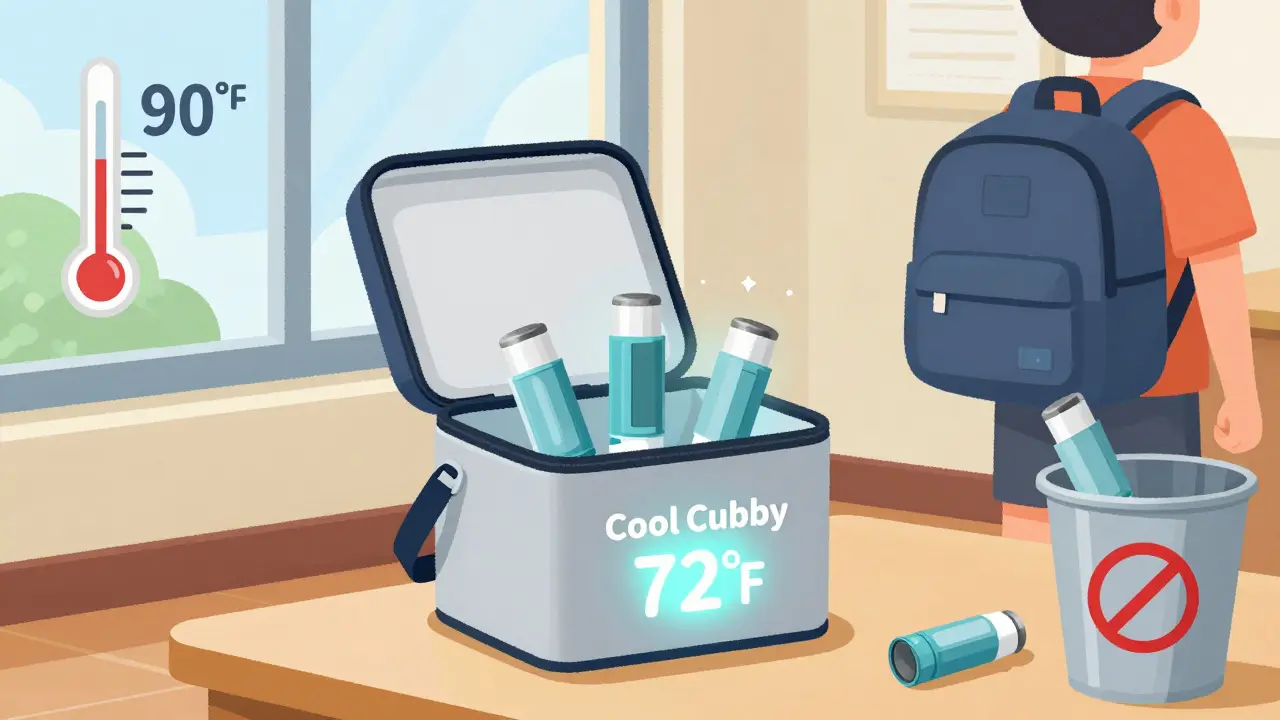 Inhalers safely stored in a temperature-controlled classroom box