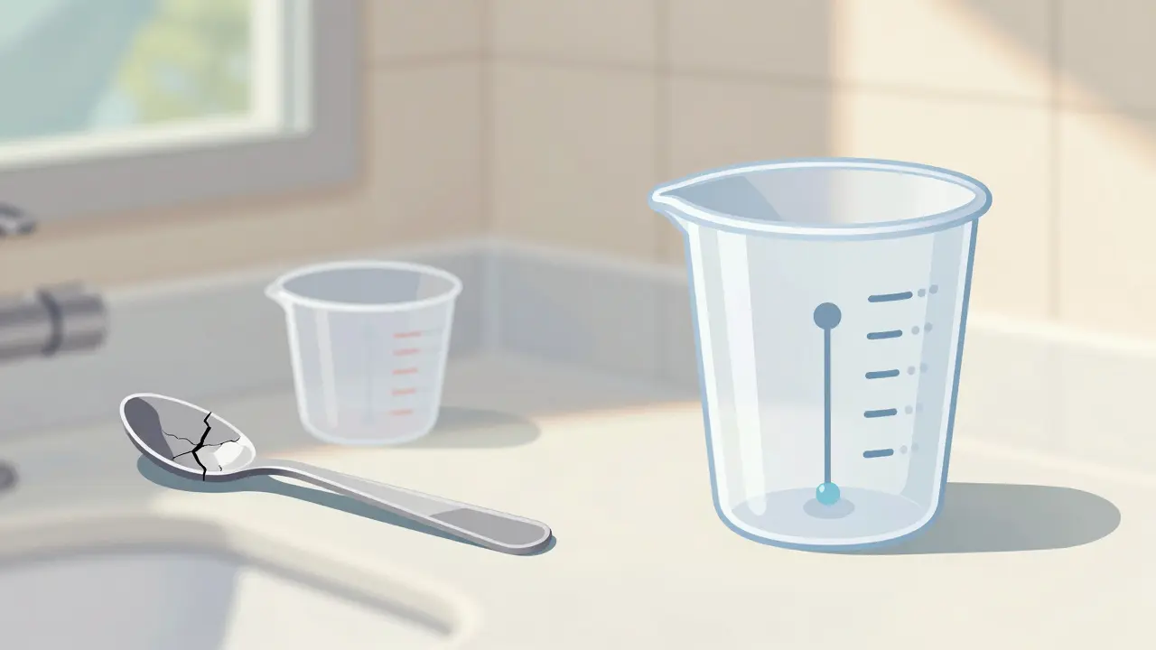 Modern visual dosing cup with Braille and float indicator next to outdated kitchen spoon and measuring cup.