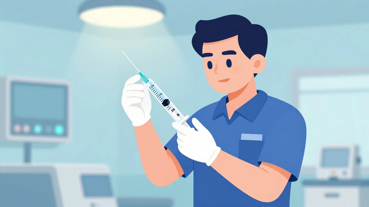 Paramedic administering medication quickly using a clearly marked visual dosing syringe in an emergency setting.