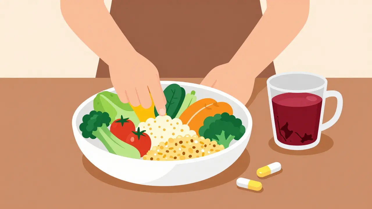 Person preparing DASH diet meal with fruits, vegetables, and hibiscus tea.