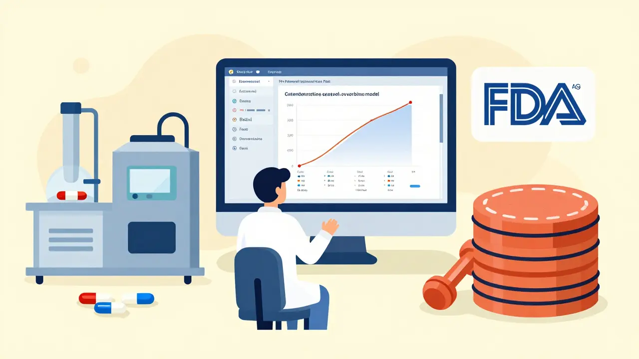 Pharmaceutical factory with scientist using AI to model drug absorption, FDA and EMA approval stamps.