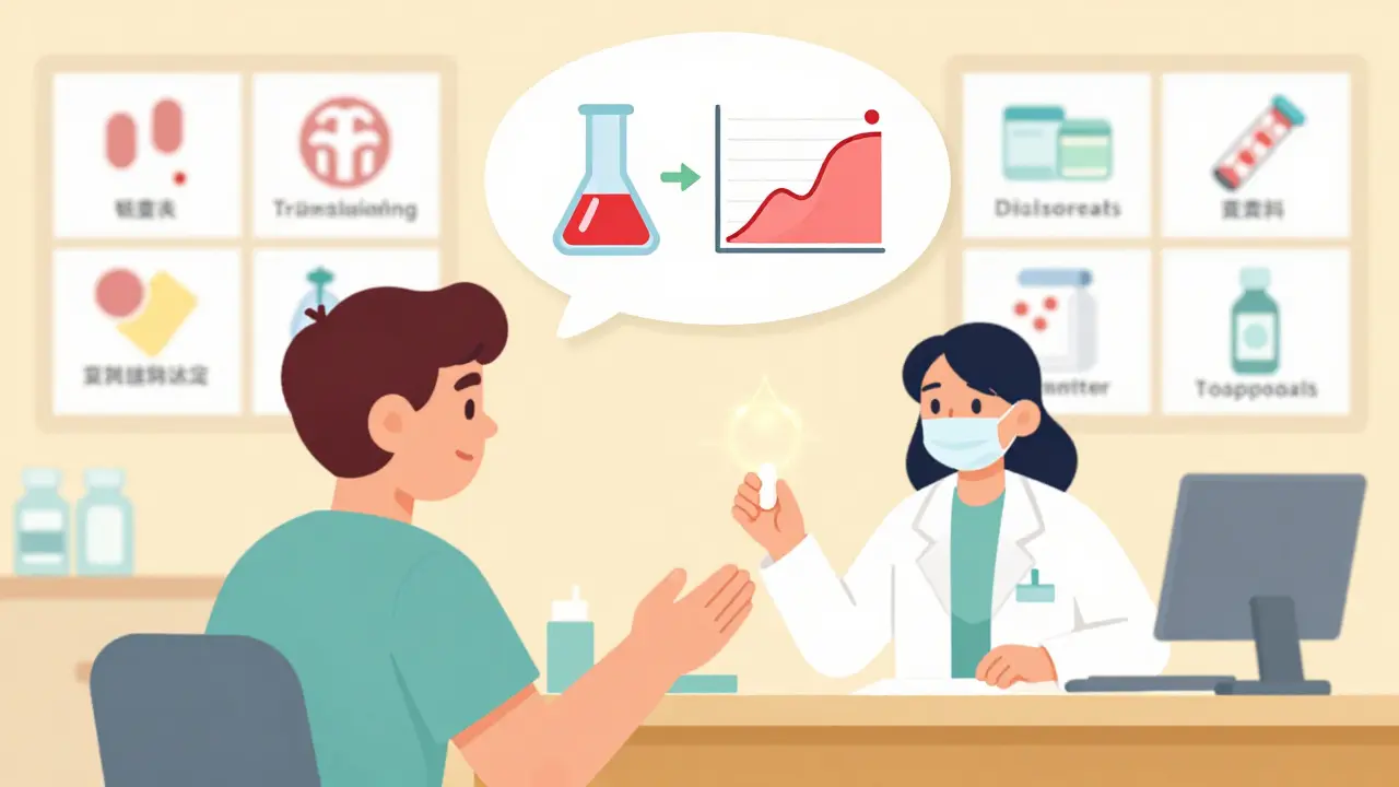 Pharmacist giving patient a pill with thought bubble showing lab test and blood curve linked by a glowing line.