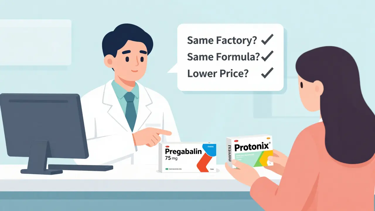 Pharmacist pointing to a plain-labeled generic drug box while a customer holds a branded version, with a checklist floating above.