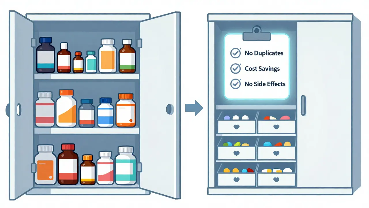 A cluttered medicine cabinet transforming into an organized one, with icons showing safety, savings, and clarity in medication use.