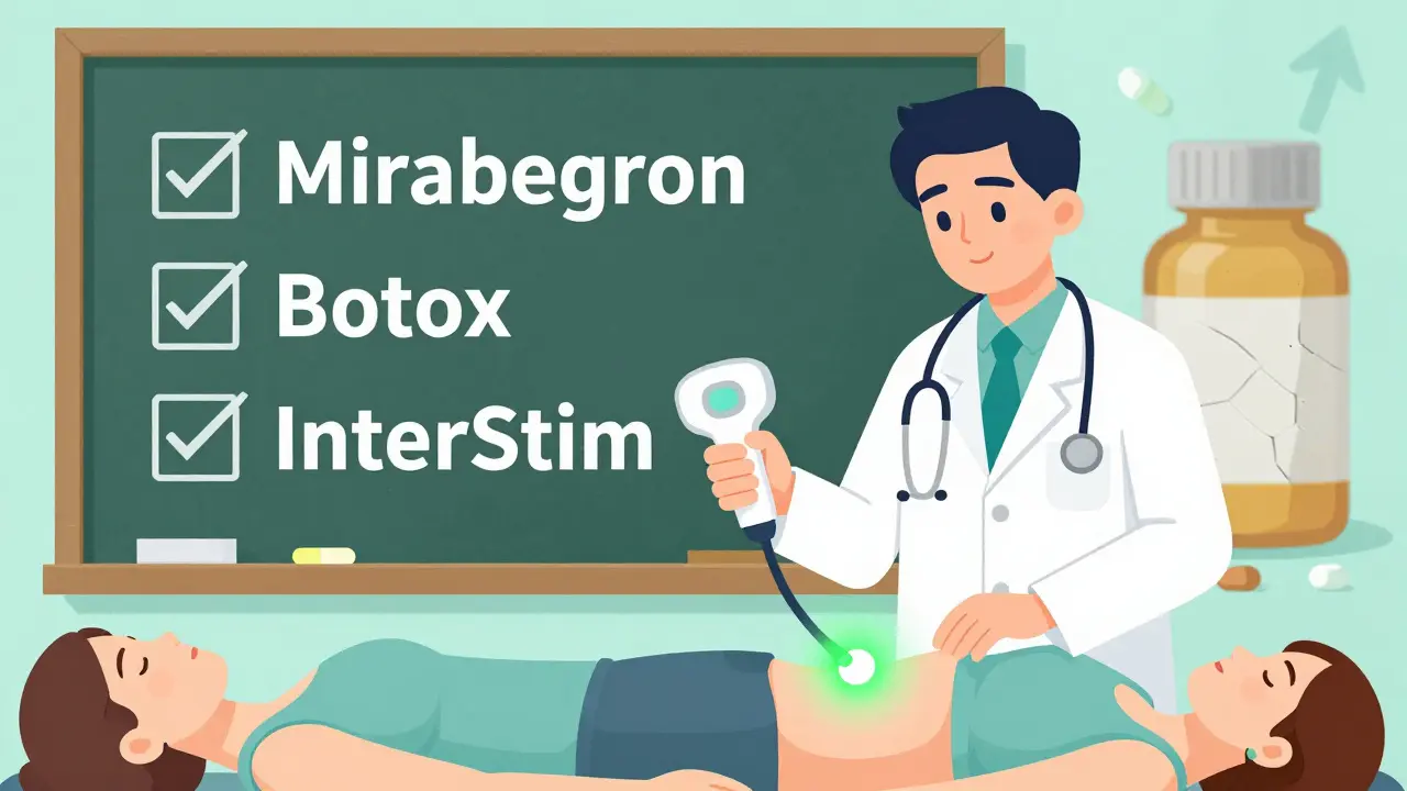 A doctor using a bladder scanner with safer treatment options displayed on a chalkboard, replacing risky medications.