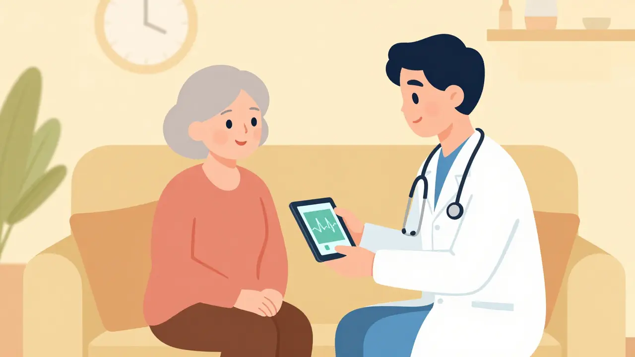 Caregiver reviewing health data with senior patient on sofa.