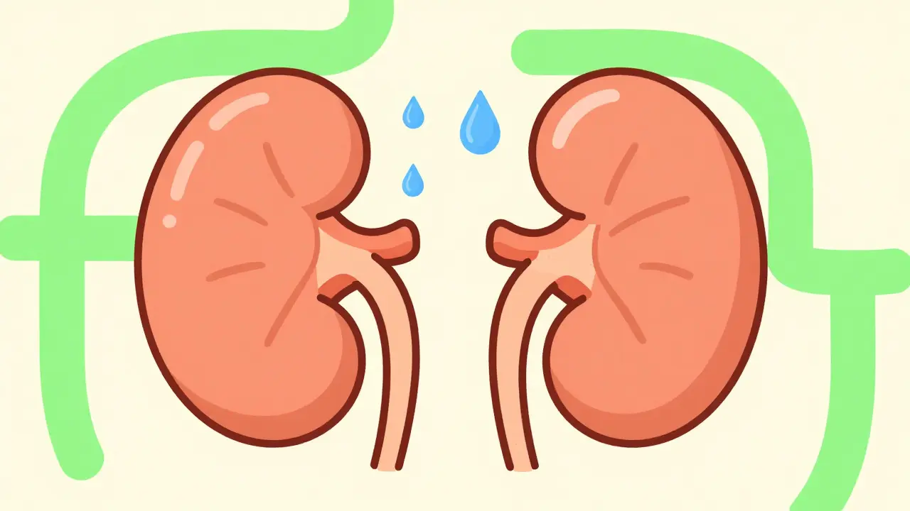 Cartoon kidneys filtering medicine droplets to show aging metabolism.