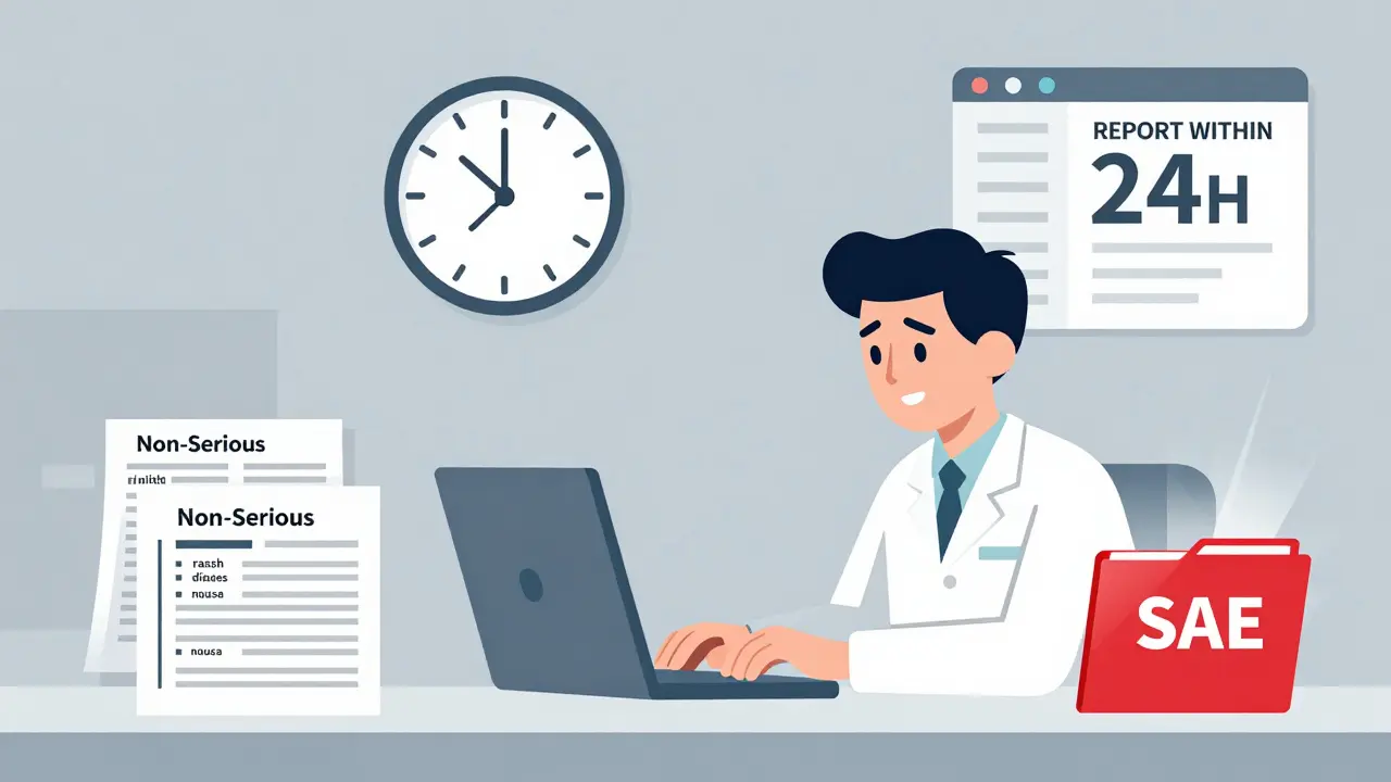 Clinical coordinator at desk with urgent serious adverse event folder glowing as clock ticks 24 hours.