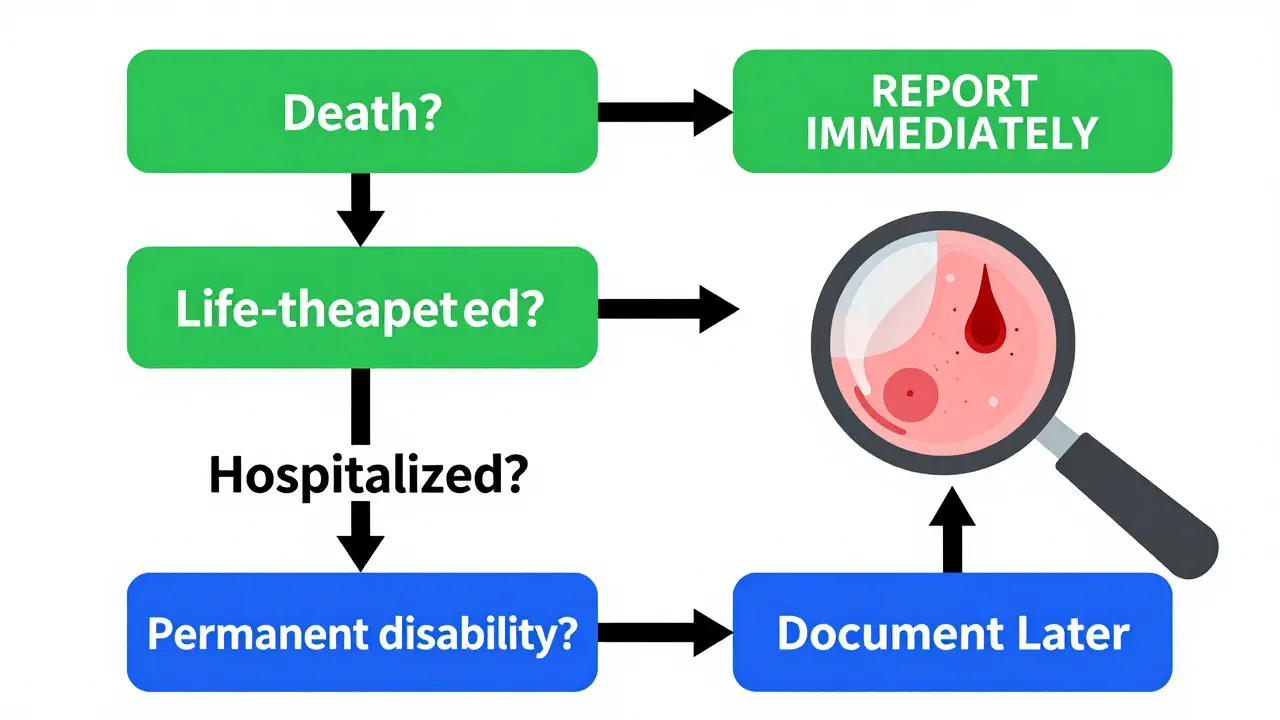Decision tree diagram guiding whether an adverse event is serious, with yes/no paths and visual contrast between mild rash and severe outcome.