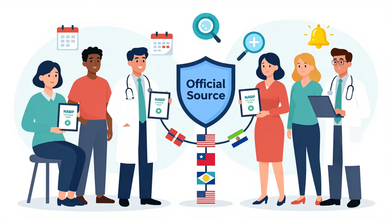 Diverse professionals holding tablets with NABP Verify badges, connected by state flags.