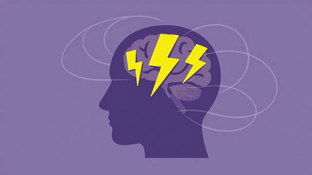 Head silhouette with lightning bolts representing withdrawal sensations.