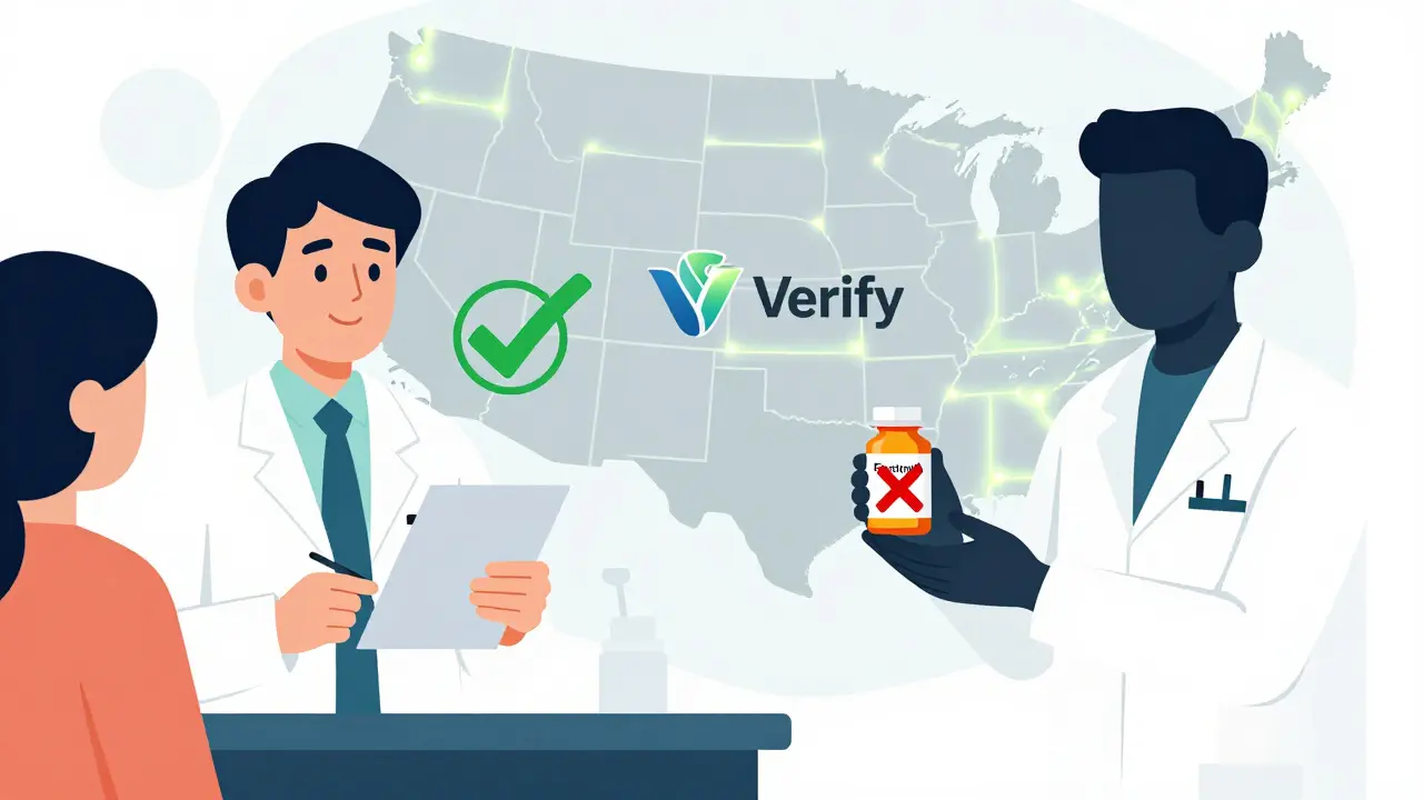 Licensed pharmacist vs. unlicensed impostor handing fake medication in a split illustration.