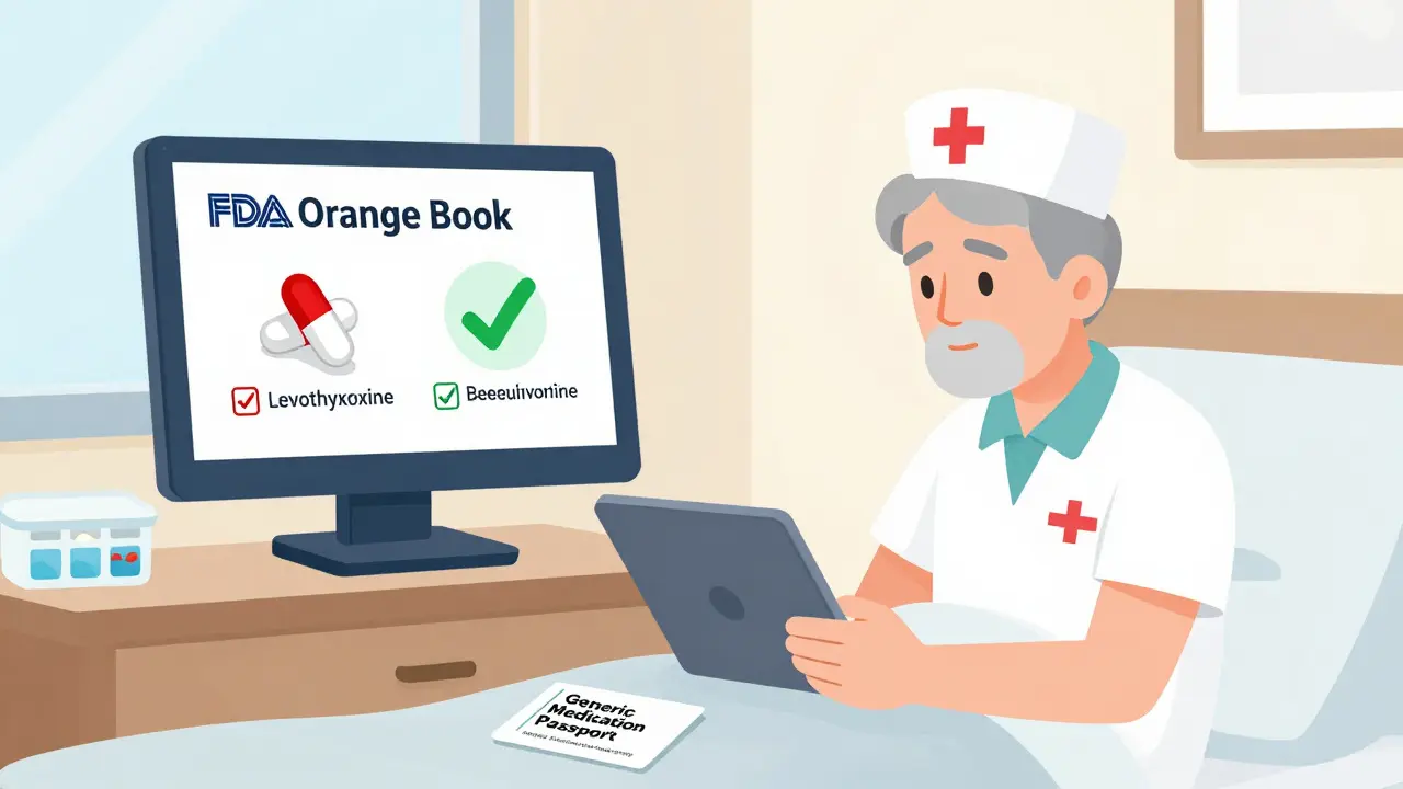 Nurse displays FDA Orange Book on tablet to a patient, illustrating bioequivalent generic and brand-name levothyroxine pills.