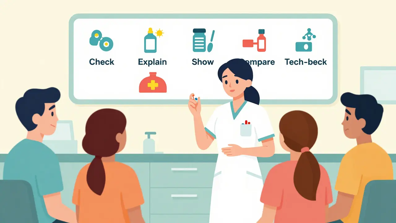 Nurse uses teach-back method with diverse patients in clinic, guided by a visual six-step counseling chart on the wall.