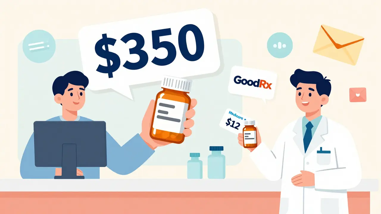 Person at pharmacy receiving a low-cost generic alternative to an expensive prescription.