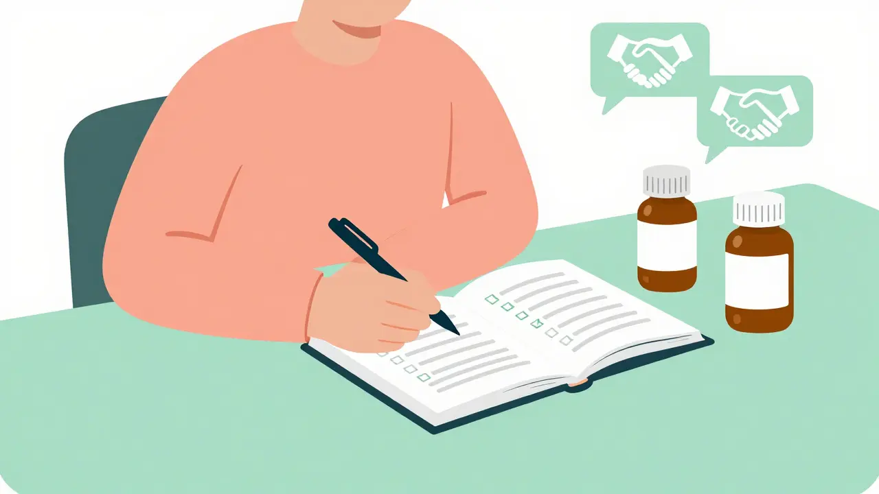 Person sitting with notebook planning medication schedule calmly.