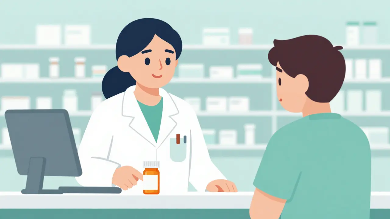 Pharmacist talking to patient about medicine bottle