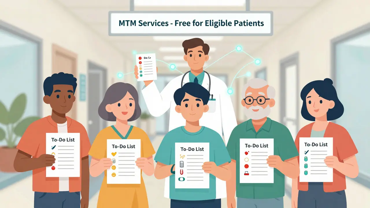 Three people holding personalized medication to-do lists, connected by glowing lines to a pharmacist, symbolizing coordinated care.