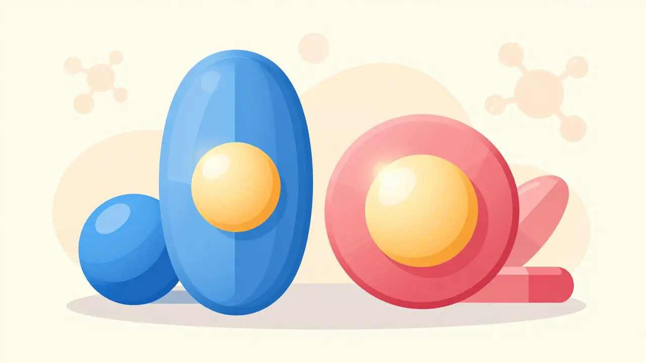 Two different colored pills with same glowing core inside