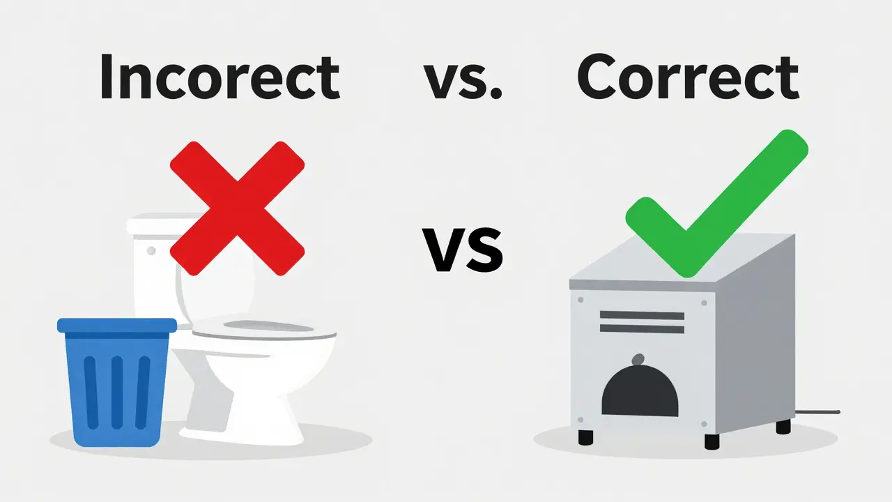 Comparison of incorrect disposal methods like flushing versus correct professional incineration.