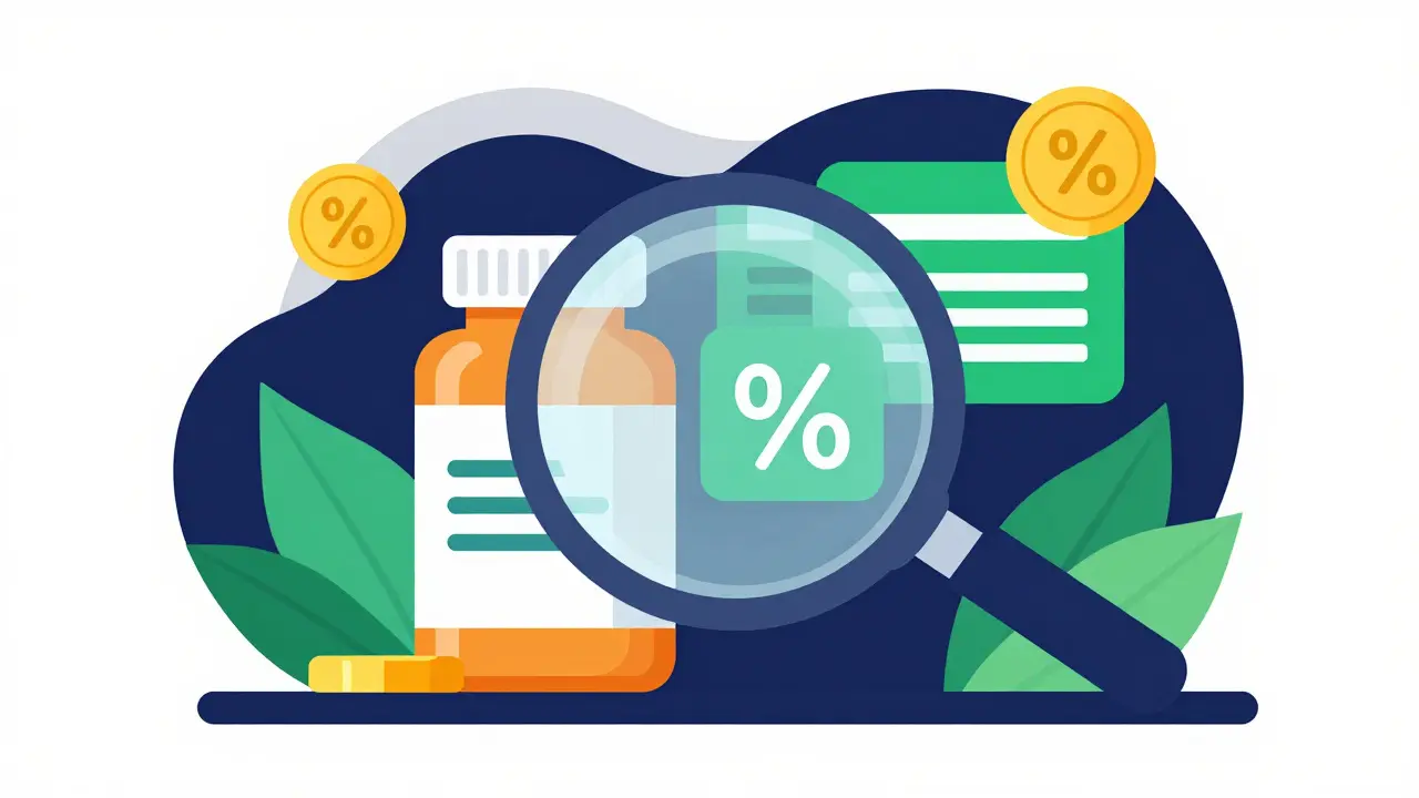 Comparison of medication prices with a magnifying glass and discount icons.