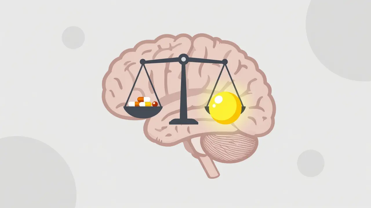 Conceptual illustration of a brain with a scale tipping due to high dopamine levels.