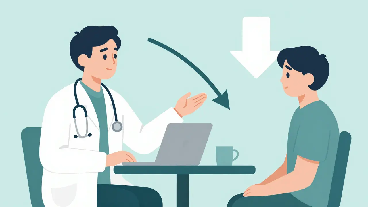 Doctor explaining a medication tapering plan to a patient in a clinic.