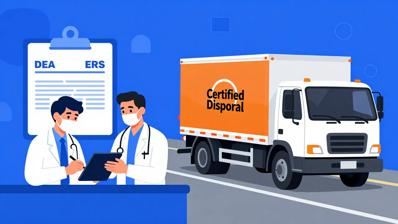 Healthcare staff signing disposal documents and a certified waste transport vehicle.